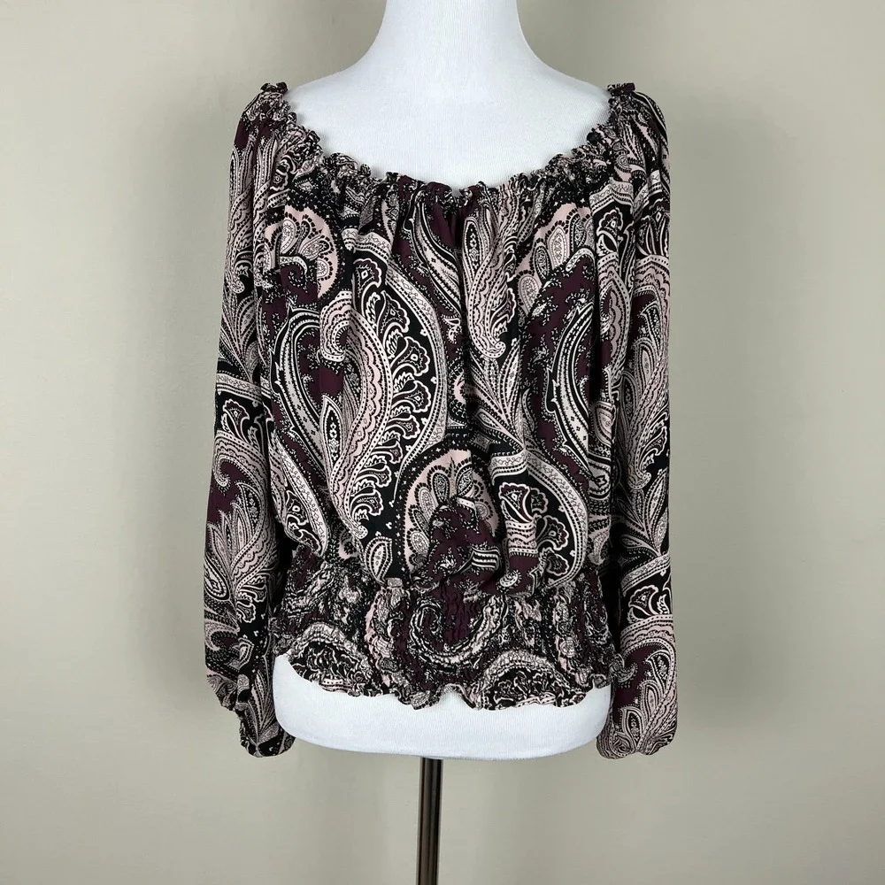 Michael Kors Blouse Top Womens‎ XL Paisley Off The Shoulder Silk Sheer Cropped